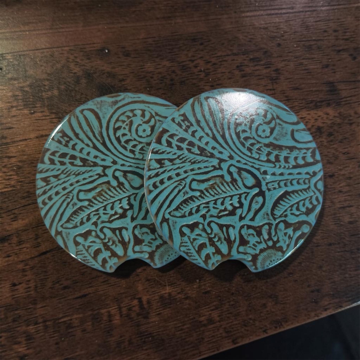 Turquoise and Brown Decorative Ceramic Coasters - Set of 2