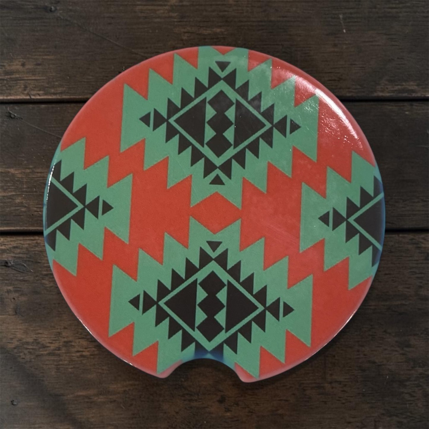 Southwestern Aztec Ceramic Car Coasters - Red & Teal