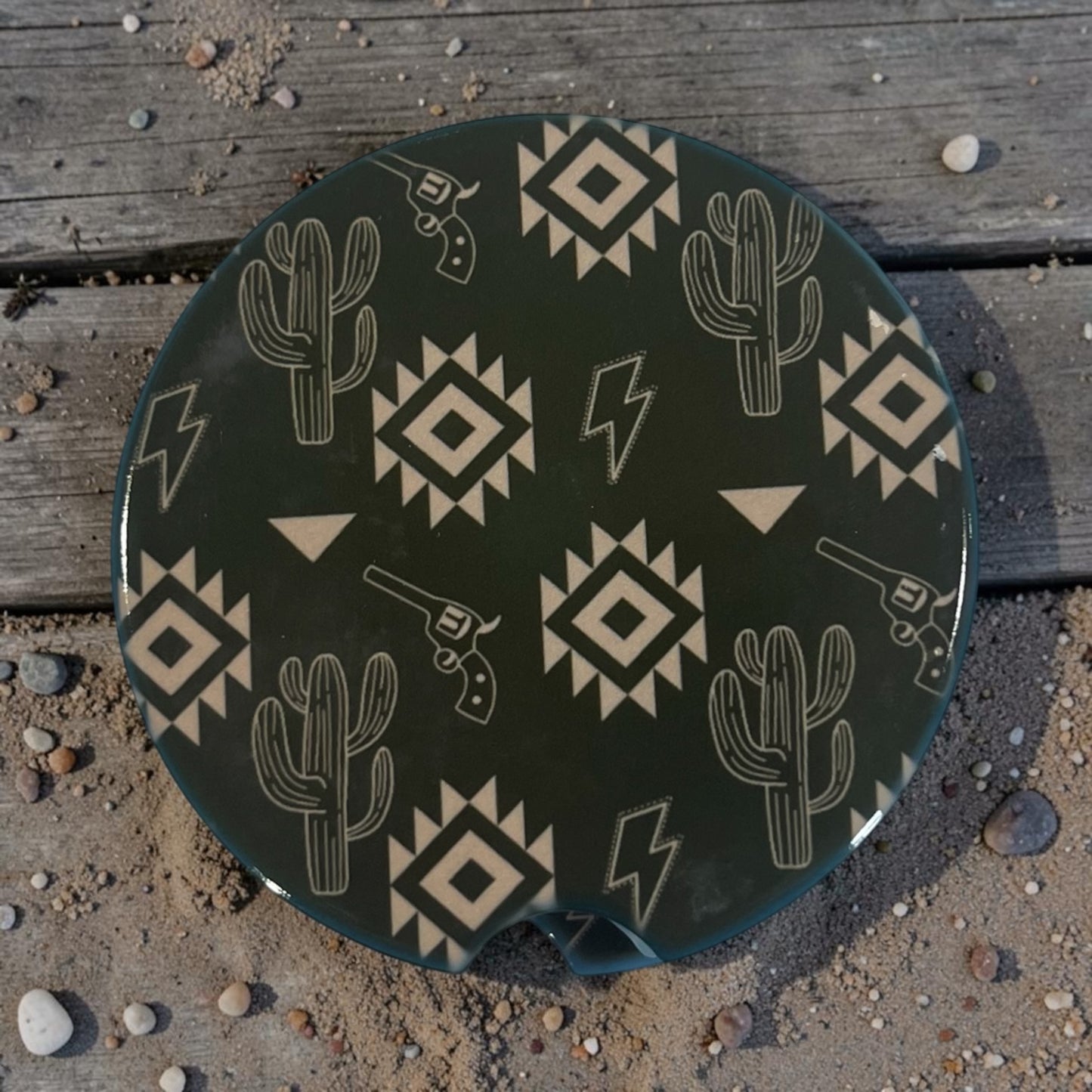 Southwestern Cactus & Revolver Round Car coaster Accessory - (2 per set)