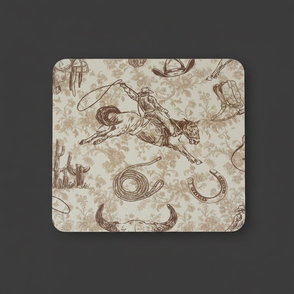 Western Rodeo Print Mouse Pad in Cream and Brown tooled