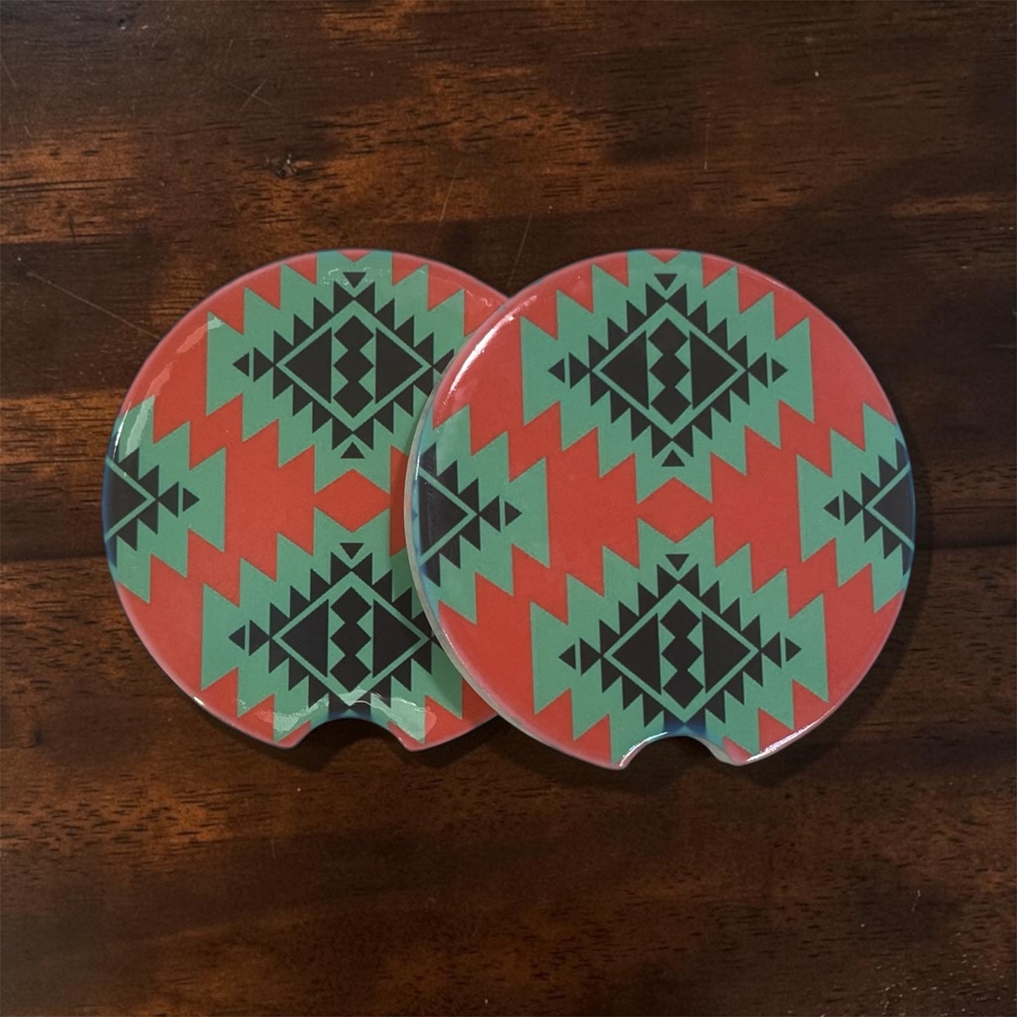 Southwestern Aztec Ceramic Car Coasters - Red & Teal