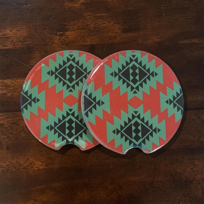 Southwestern Aztec Ceramic Car Coasters - Red & Teal