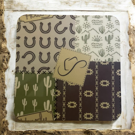 Cactus & Horseshoe Patterned Drink Coasters- Red, Green, Navy