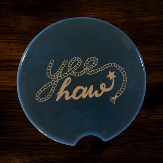 Yee Haw Ceramic Car Coaster - Cream with Teal Western Motifs (2 per set)