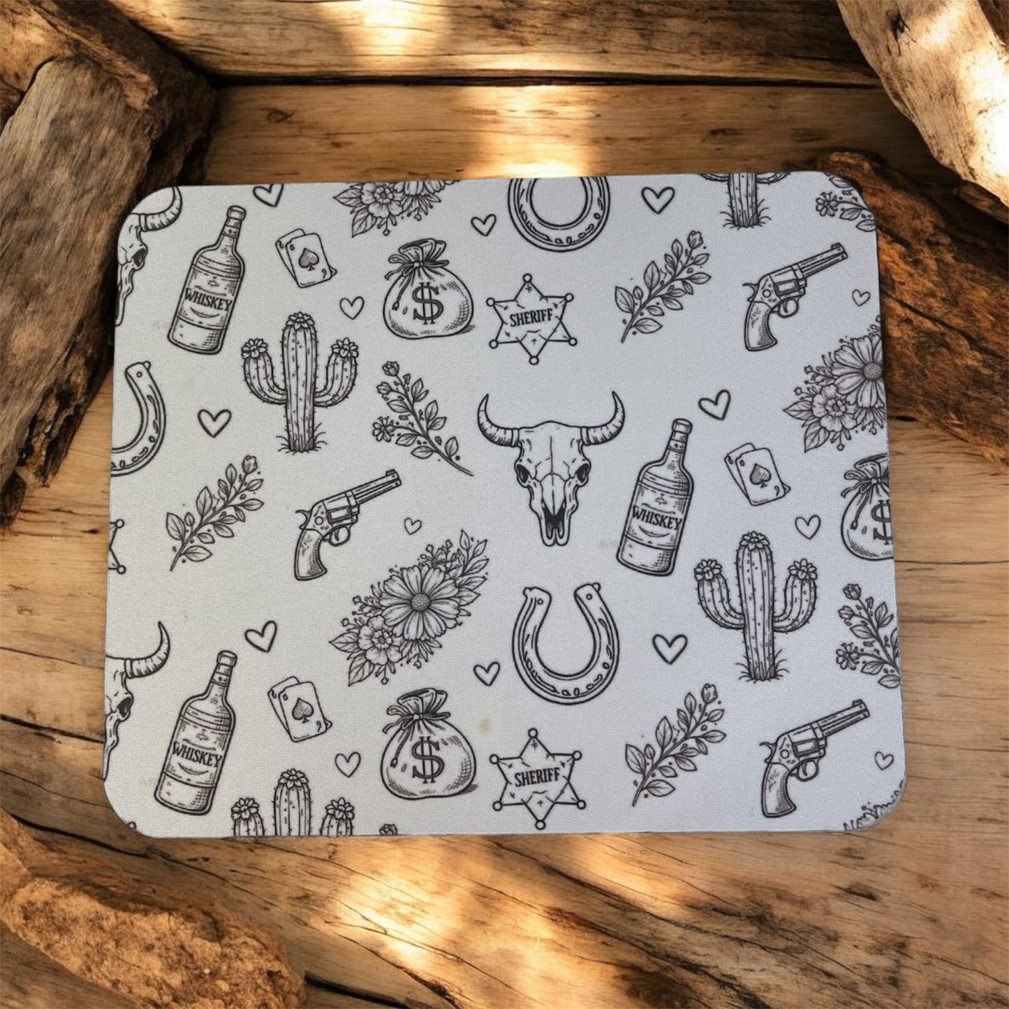 Western Cowboy Print Mouse Pad - Black on White