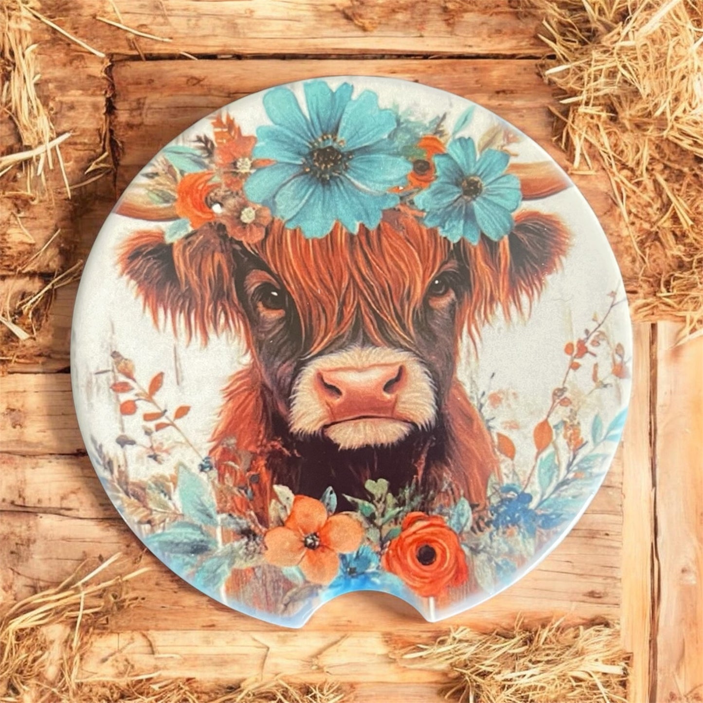Floral Highland Cow Car Coaster - Turquoise & Orange (2 per pack)